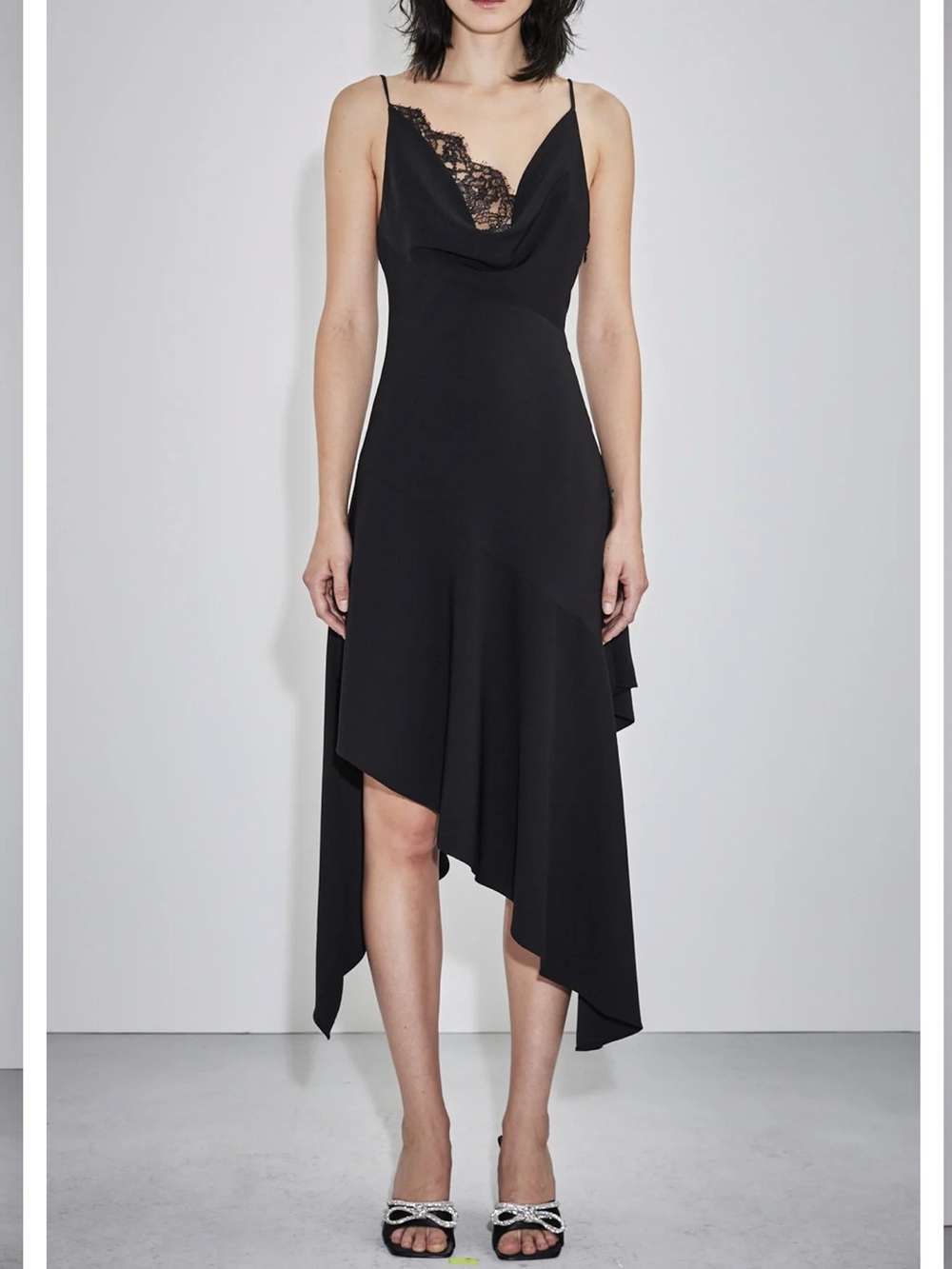 ET Ochs Kala Cowl Neck Asymmetric Black Dress with Lace Detail 4 $1,395